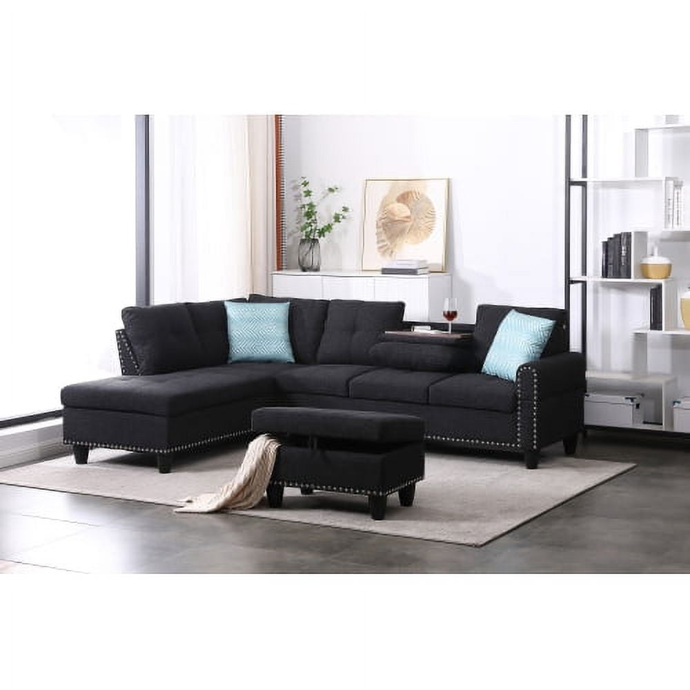 BSHTI Charcoal Gray Linen L-Shaped Sectional Sofa with Reversible Storage Chaise for Living Room, Storage Ottoman & Cup Holders, 3-Seat Contemporary Couch