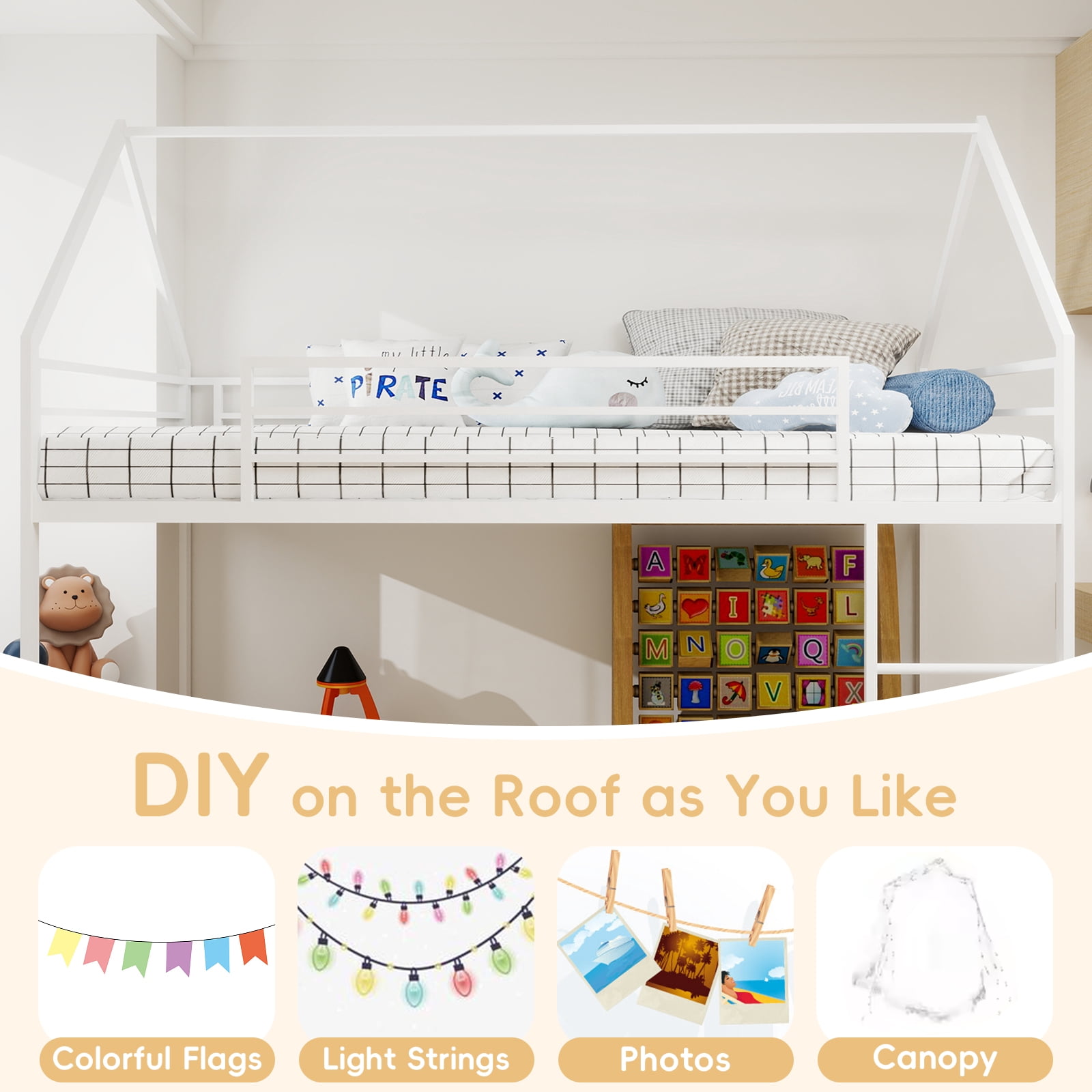 Miniyam Twin Size Metal Loft Bed with Safety Guardrails for Kids, White