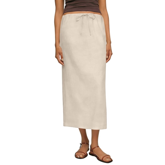 Maxi Skirts for Women Elastic High Waist Drawstring Ankle-Length Skirt with Side Slit Trendy Loose Fit Versatile Clothes for Casual Daily Beige L