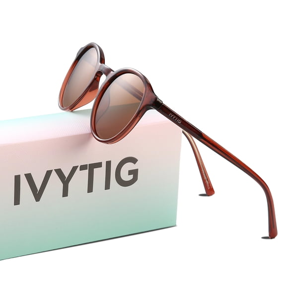 IVYTIG Lightweight Narrow Fit Retro Pantos Men Women's Polarized Sunglasses, Round Shape, Transparent Brown