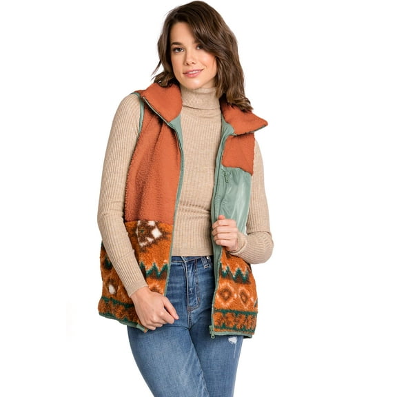 Love Tree Women's Juniors Soft Sherpa Bohemian Southwest Vest  (Clay, Small)