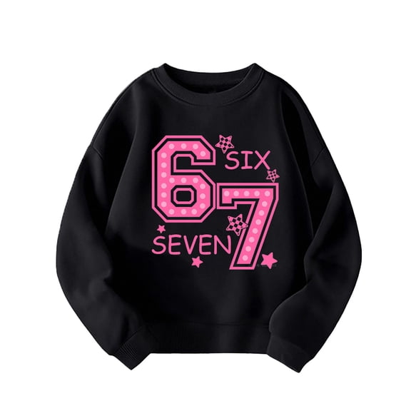 Tisuna Crewneck 67 Sweatshirt For Girls Child Letter Print Long Sleeve Pullover Tops Comfortable Leisure Kids Fall Daily Wear Black Size 2-3 Years