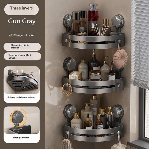 3-Pack Gun Gray ABS Triangular Suction Cup Shower Caddy 3-Tier Corner Shelves No Drilling Bathroom Organizer 40lbs Load Capacity Towels Hook Toiletries Storage Rack