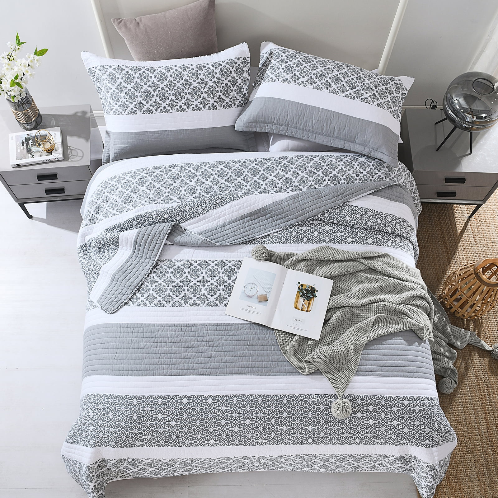 DUOHONG Queen Quilt Set 100% Cotton Farmhouse Lightweight Bedding Set, Bluish Gray/White, 90"W x 98"L