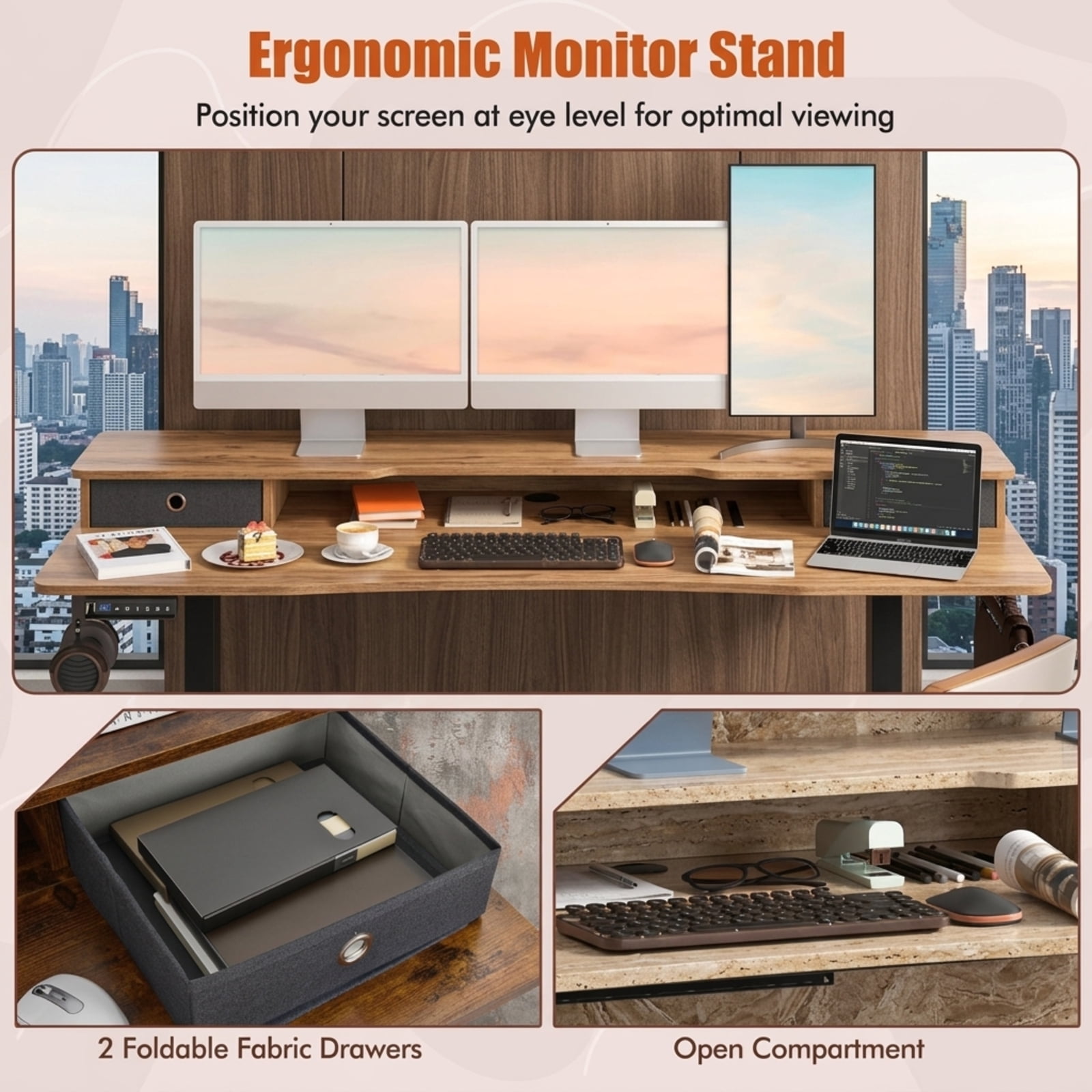 Furnibear 63 x 24 Inch Electric Standing Desk with 2 Fabric Drawers Monitor Shelf Memory Presets and Cable Management for Home Office, Rustic Brown