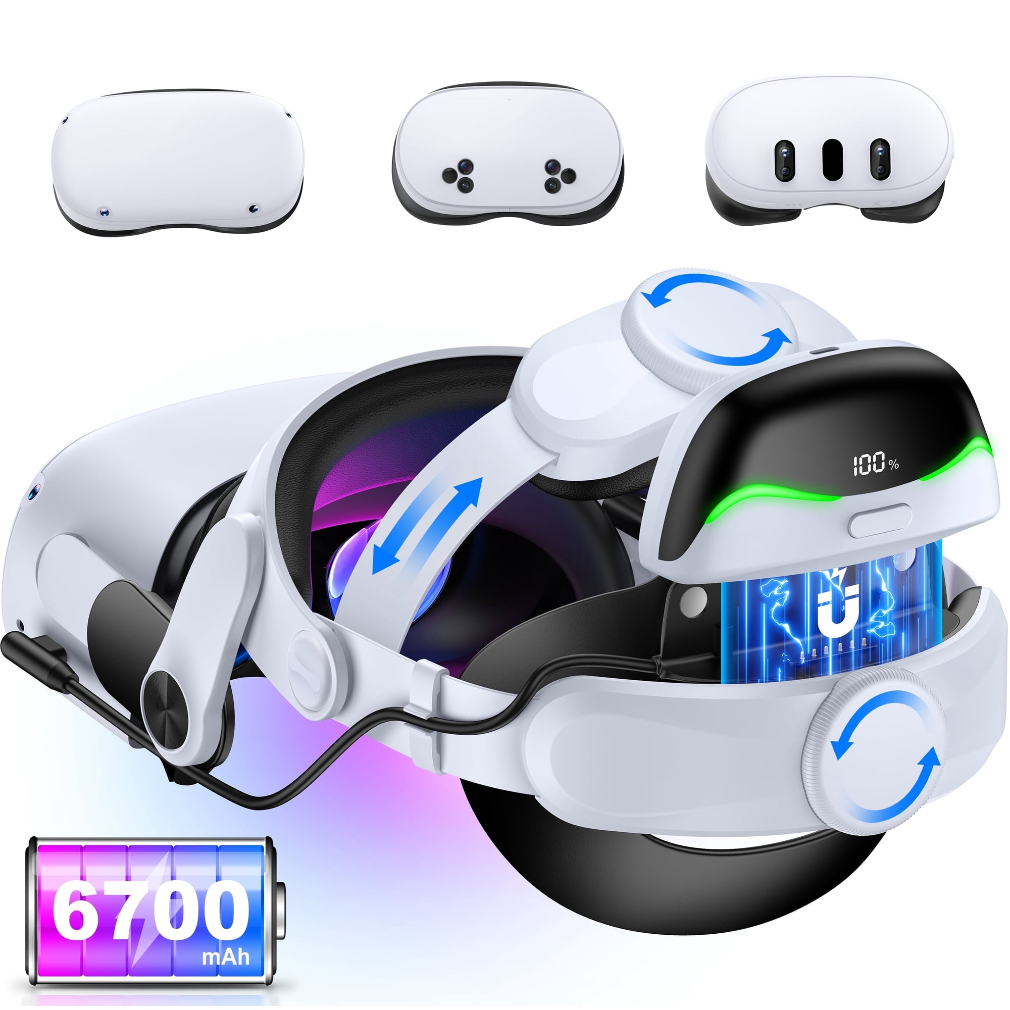 Battery Head Strap for Meta Quest 3/Quest 3S/Quest 2 Head Strap with Magnetic Battery Pack 6700mAh Extend 2-3H Playtime, VR Headset Strap for Oculus Accessories