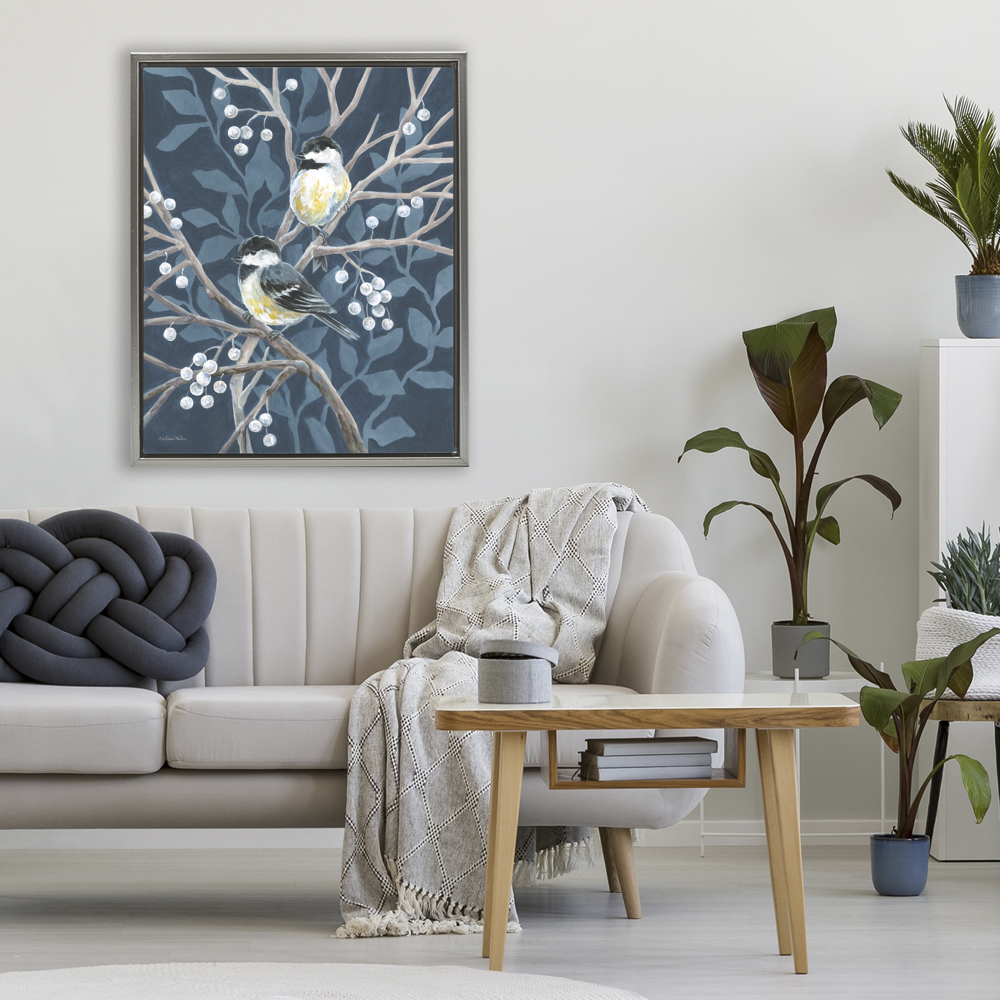 Stupell Industries Chickadees on Winter Berries Gray Framed Floater Canvas Wall Art, design by Diane Kater