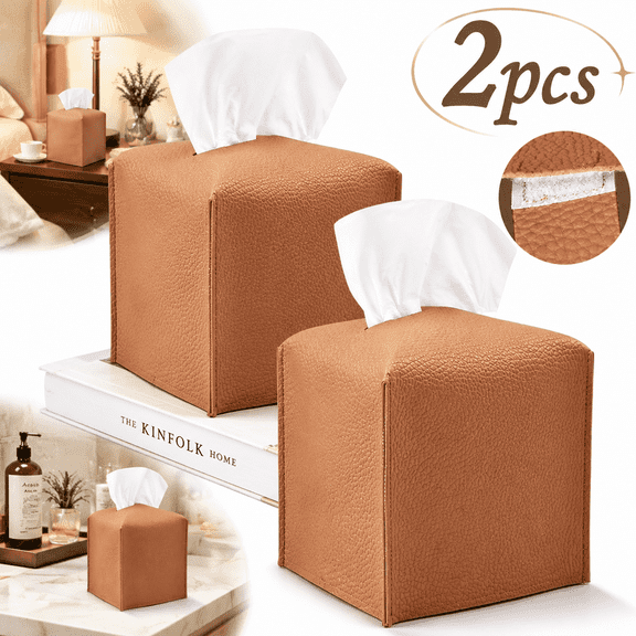 Genreen 2 Pack Tissue Box Cover, Car 5X5X5'' Square PU Leather Tissue Holder, Decorative Facial Tissue Cube Paper Organizer Dispenser for Bathroom, Night Stands, Desk- Beige, Pebble Grain