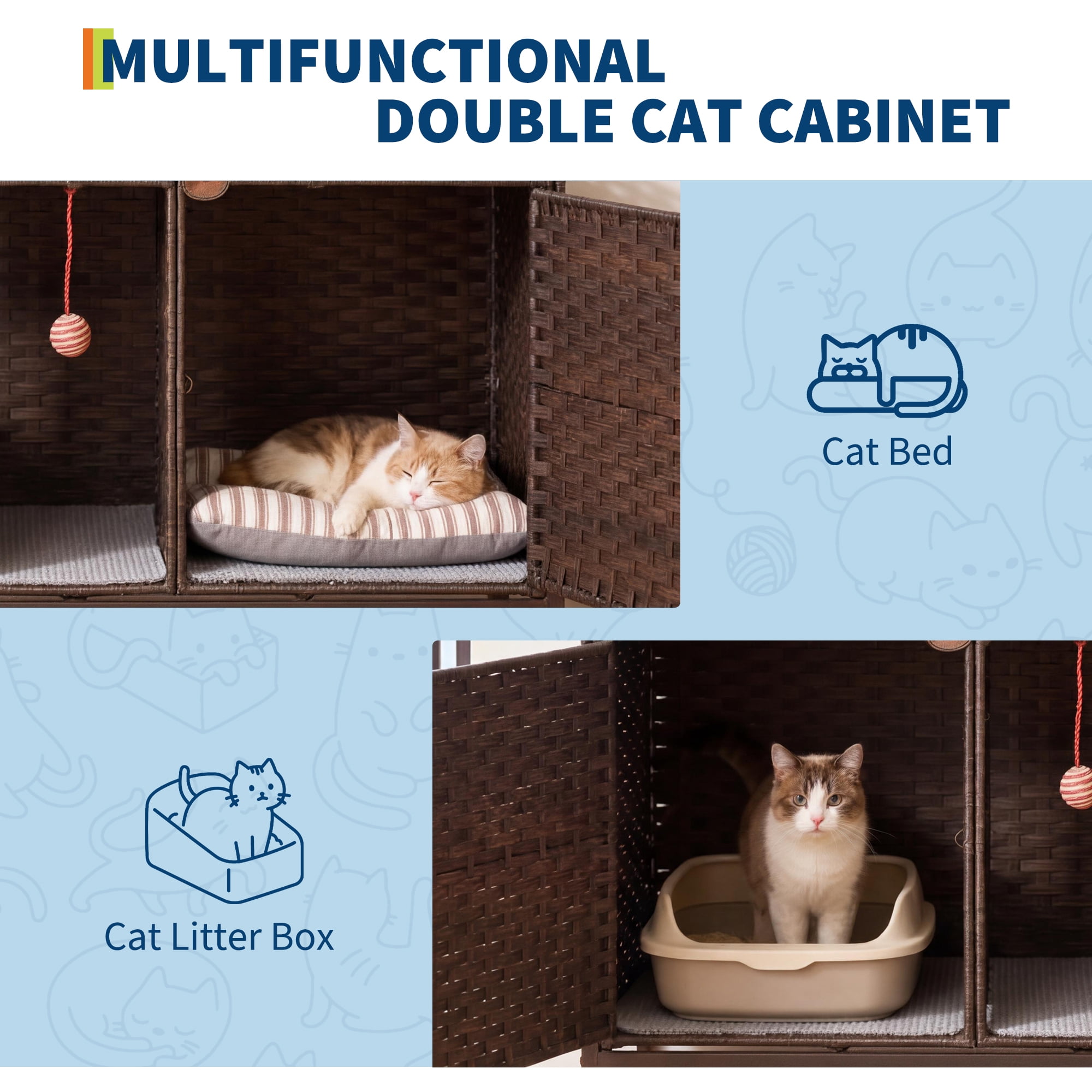Rattan Double Cat Litter Box Enclosure - Hidden Cabinet for 2 Cats with Removable Mat, Play Game & S-Shaped Hooks - Large Decorative Cat Washroom Furniture for Living Room or Bedroom - Brown