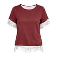 thumbnail image 6 of Admvng Women's T-Shirt Crew Neck Fringe Trim Short Sleeve Solid Casual Summer Tops, 6 of 7