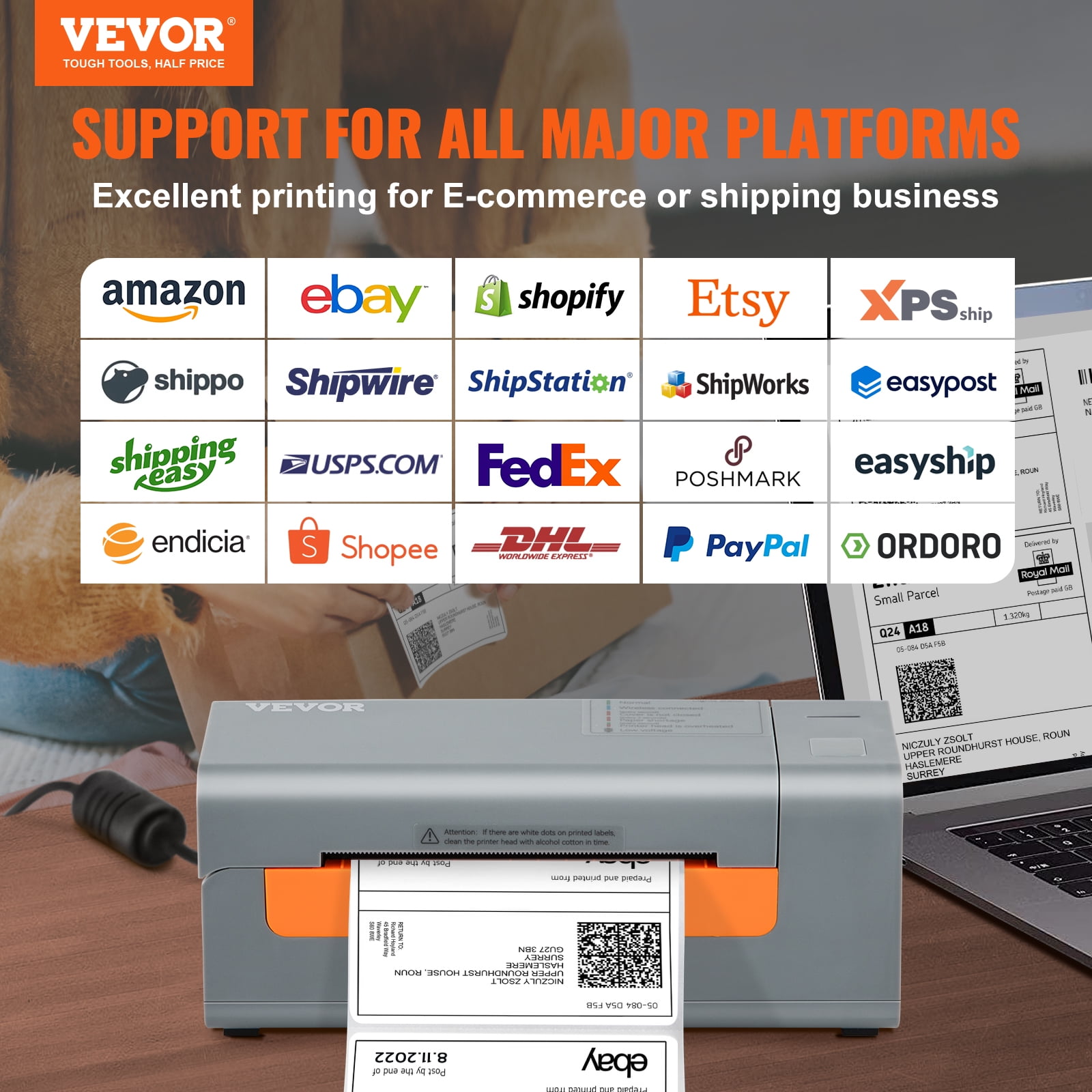 VEVOR Thermal Label Printer, 203DPI 60pcs/min for 4x6 Mailing Packages, USB  Connection & Automatic Label Recognition, Support Windows/MacOS/Linux,  Compatible with , , , UPS,etc, Gray 