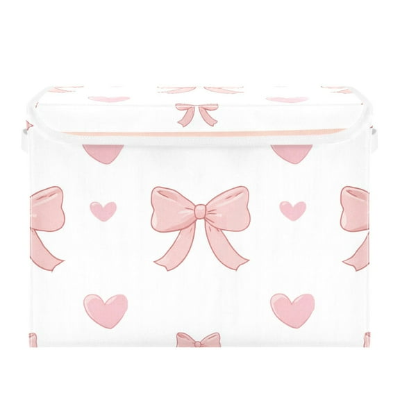Valentine Hearts Bows Stripes Foldable Storage Bin with Lid and Handle Collapsible Storage Box 16.5 x 12.6 x 11.8 inches