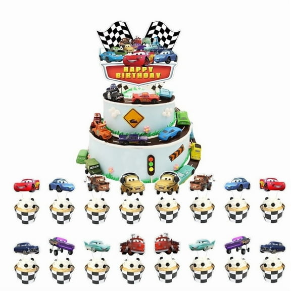 25pcs Happy Birthday Cars Cake Toppers and Cup Cake Topper Favors for Boys Girls Birthday Party Cake Decorations
