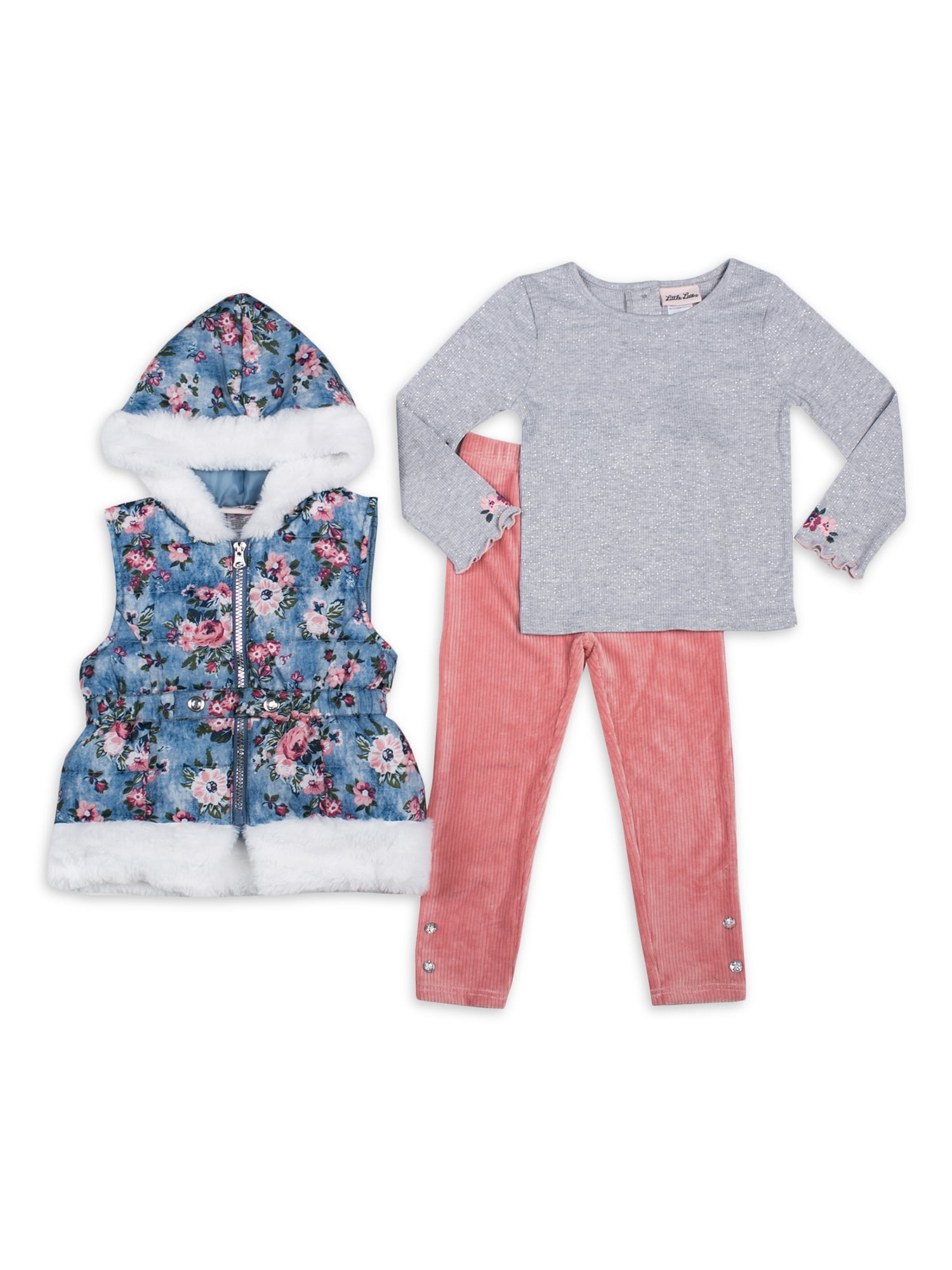 Little Lass Girls Faux Fur Puffer Vest, Long Sleeve Tee, and Printed