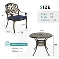 thumbnail image 7 of MEETWARM 3 Piece Patio Bistro Set, Outdoor All-Weather Cast Aluminum Dining Furniture Set Includes 2 Cushioned Chairs and a 35.4” Round Table with Umbrella Hole for Garden Deck, Navy Blue, 7 of 7