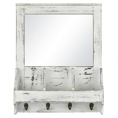 Weather White Rectangular Wall Mirror With Shelf And Hooks Made Of Weather White Rectangular Wall Mirror