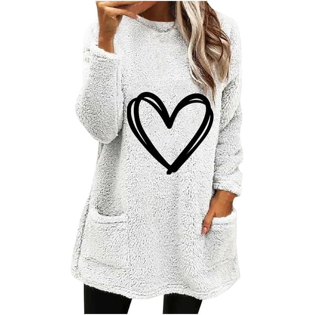 Funicet Blouses à Manches Longues pour Femmes, Blouses pour Femmes, Imprimé Amour pour Femmes Col Rond et Hiver Ample Poche Solide Chaude Blouse à Manches Longues, Blouses à Manches Longues pour Femmes, Blouses pour Femmes Décontractées