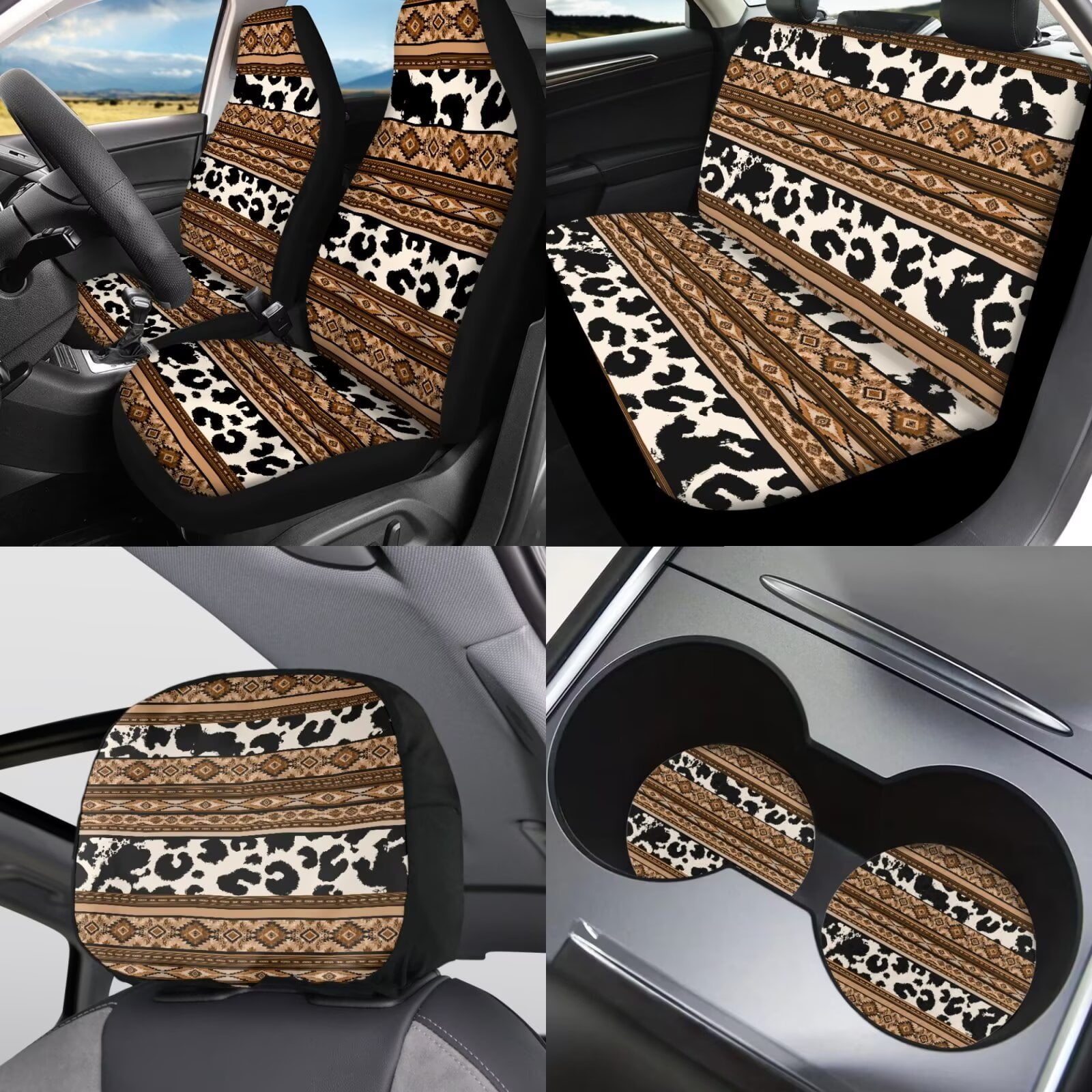 Garronmavis Aztec Geometry Car Seat Covers Set Pack 11 Pcs with Auto Headrest Cover+Handbrake Gear+Shift Knob Cover+Auto Cup Coaster+Wristlet Keychain Fit for Most Sedan Van Truck
