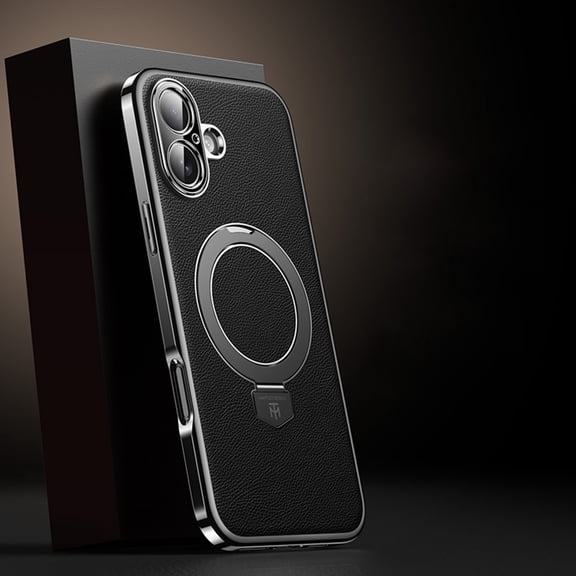 Magnetic For iPhone 17 Phone Case,With Contractile Ring Kickstand,Compatible with Mag-Safe,Anti-Scratch PU Leather Back,Ultra Slim Shockproof Anti-fall Protection Phone Case,Black