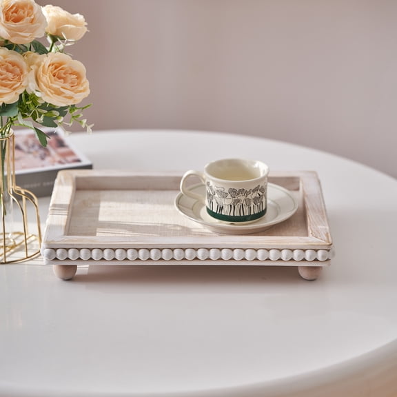 Coffee Table Serving Tray, 13.5 x 9.7 Square Wooden Decorative Tray White Distressed Farmhouse Decor for Living Room & Kitchen