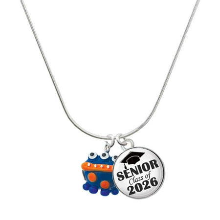 Delight Jewelry Resin Blue Alien with Orange Dots – Silvertone Senior Class of 2026 Dome Necklace 18
