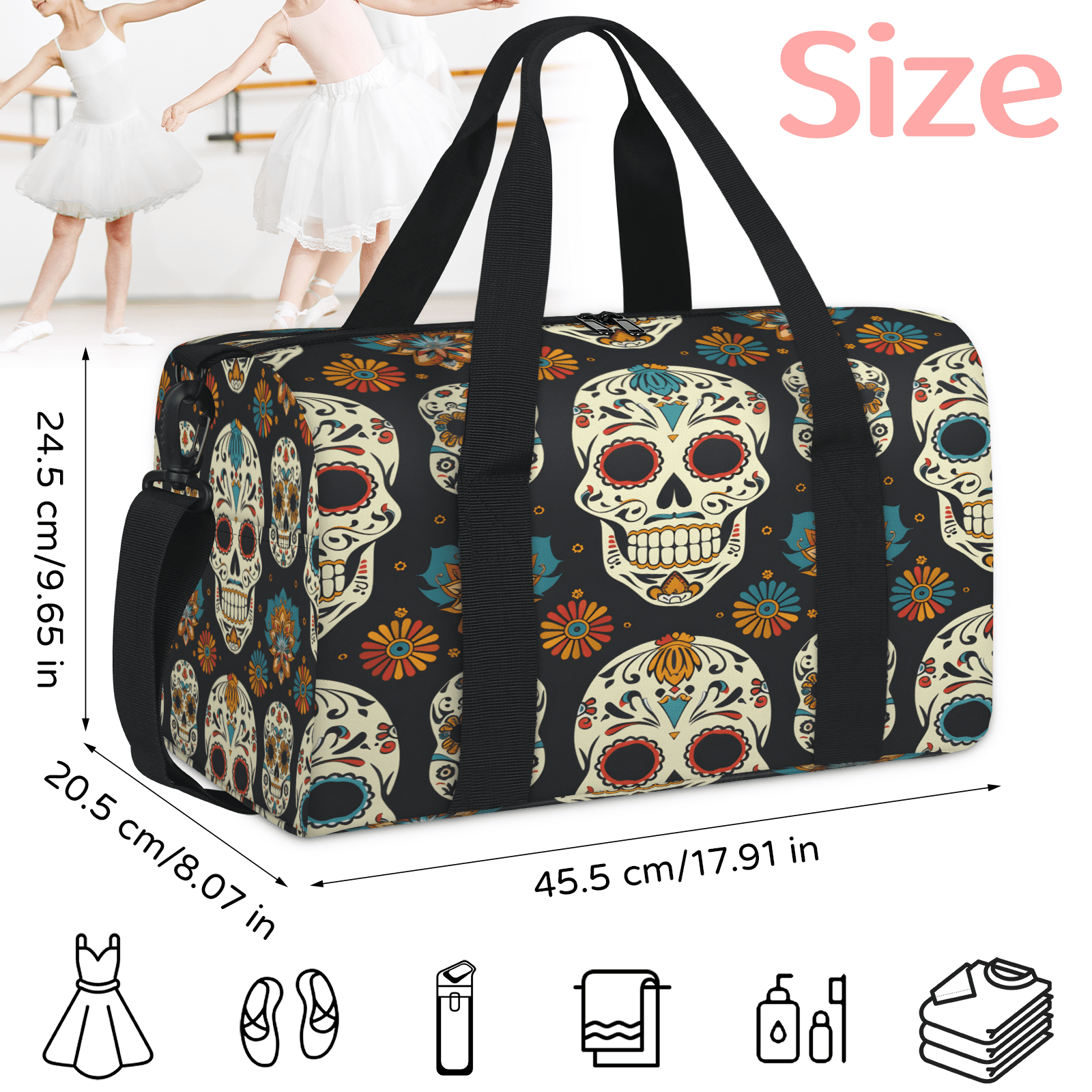Herdesigns Sugar Skull Travel Duffle Bag Sports Yoga Weekender Overnight Carry on Workout Bags Lightweight Waterproof Gym Tote Bag for Women Goth Skeleton