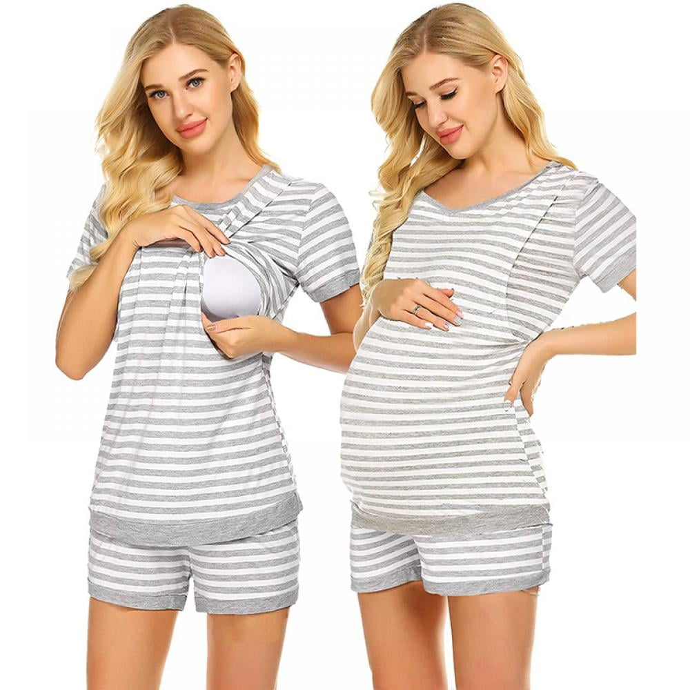 Ekouaer Delivery/Labor/Nursing Maternity Pajamas Capri Set for Hospital Home Adjustable Size Striped Capri 