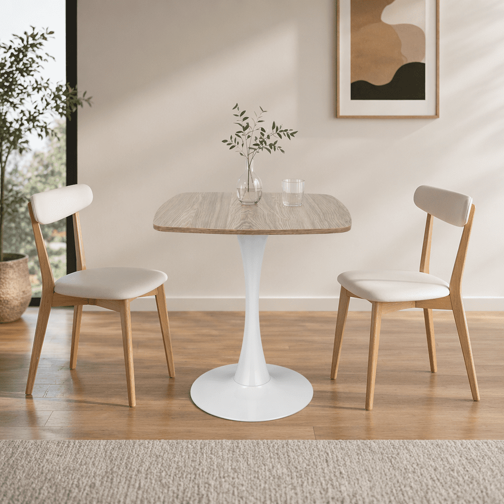 Square Dining Table, 24" Square Tulip Table with MDF Tabletop & Matte White Metal Pedestal Base,Mid Century Modern Bistro Table for Kitchen, Small Places, Living Room, Cafe
