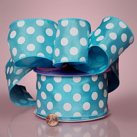 Turquoise Dot - Turquoise Blue and White Jumbo Polka Dots 1-1/2 inches x 25 yards Wired Satin Decorative Ribbon