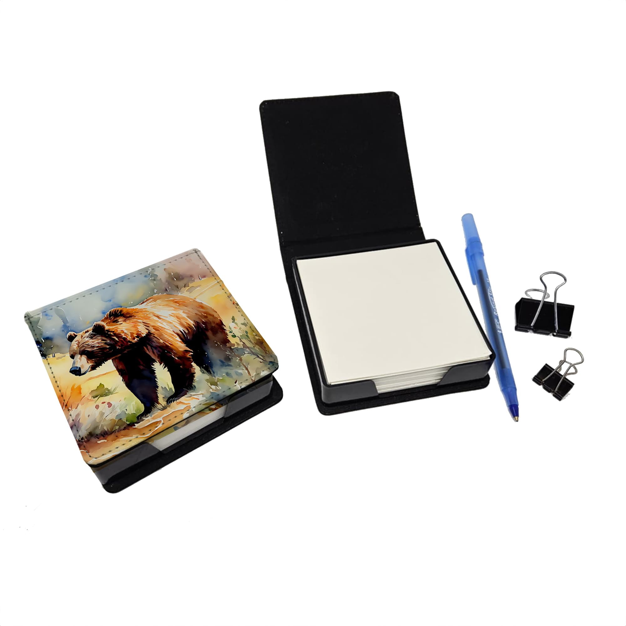 Caroline's Treasures Grizzly Bear PU Leather Note Paper Holder with Artist-Designed Cover, Desk Accessory, Office Gift