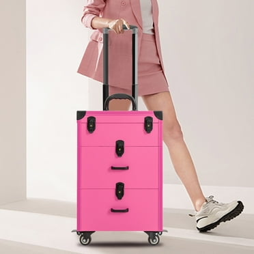 3 in 1 Rolling Makeup Case Trolley Travel Train Box Organizer w/ Key Drawer Pink