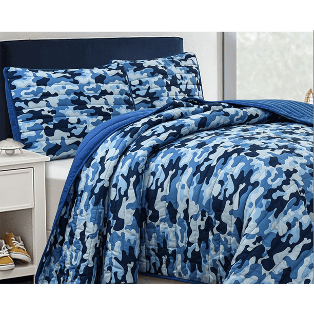 Boys Navy Blue Camouflage Camo Hunting Twin Quilt & Sham