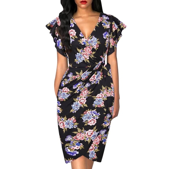 FASHIONWT Women Plus Size Sexy V-Neck Slim Fit Gathered Flare Sleeve Knee Length Dress