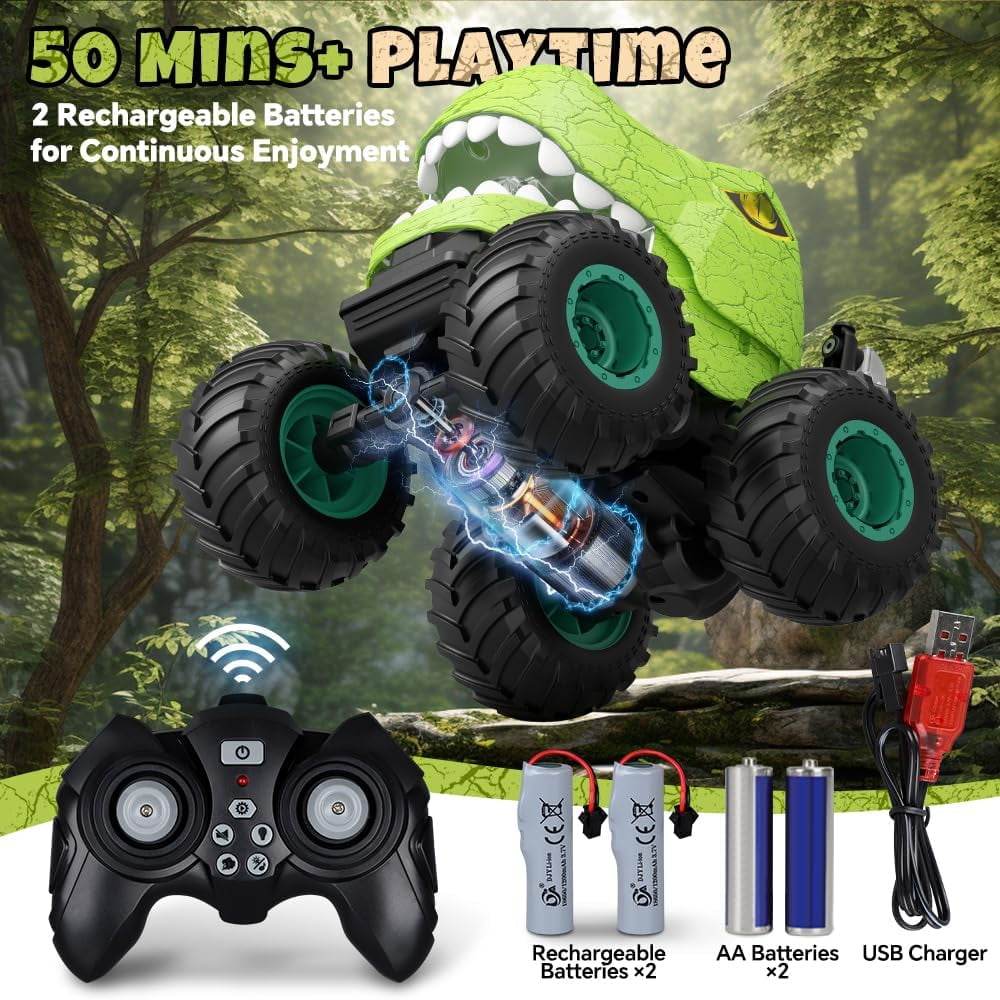 + Runtime Dinosaur Stunt Monster Truck Toy, All Terrain DinDrefirsa Remote Control Dinosaur Car for Boys, 50minosaur Toy for Kid Birthday Gift (Blue)