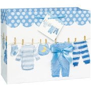 (3 Pack) Clothesline Baby Shower Gift Bag, 13 x 10.5 in, Blue,