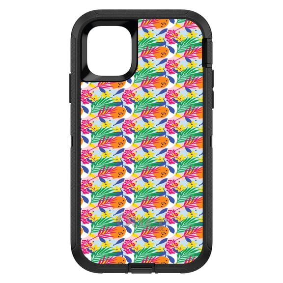 DistinctInk Case for iPhone 15 (6.1" Screen) - OtterBox Defender Custom Black Case - Summer Vibes Floral Pattern Pink Green Orange