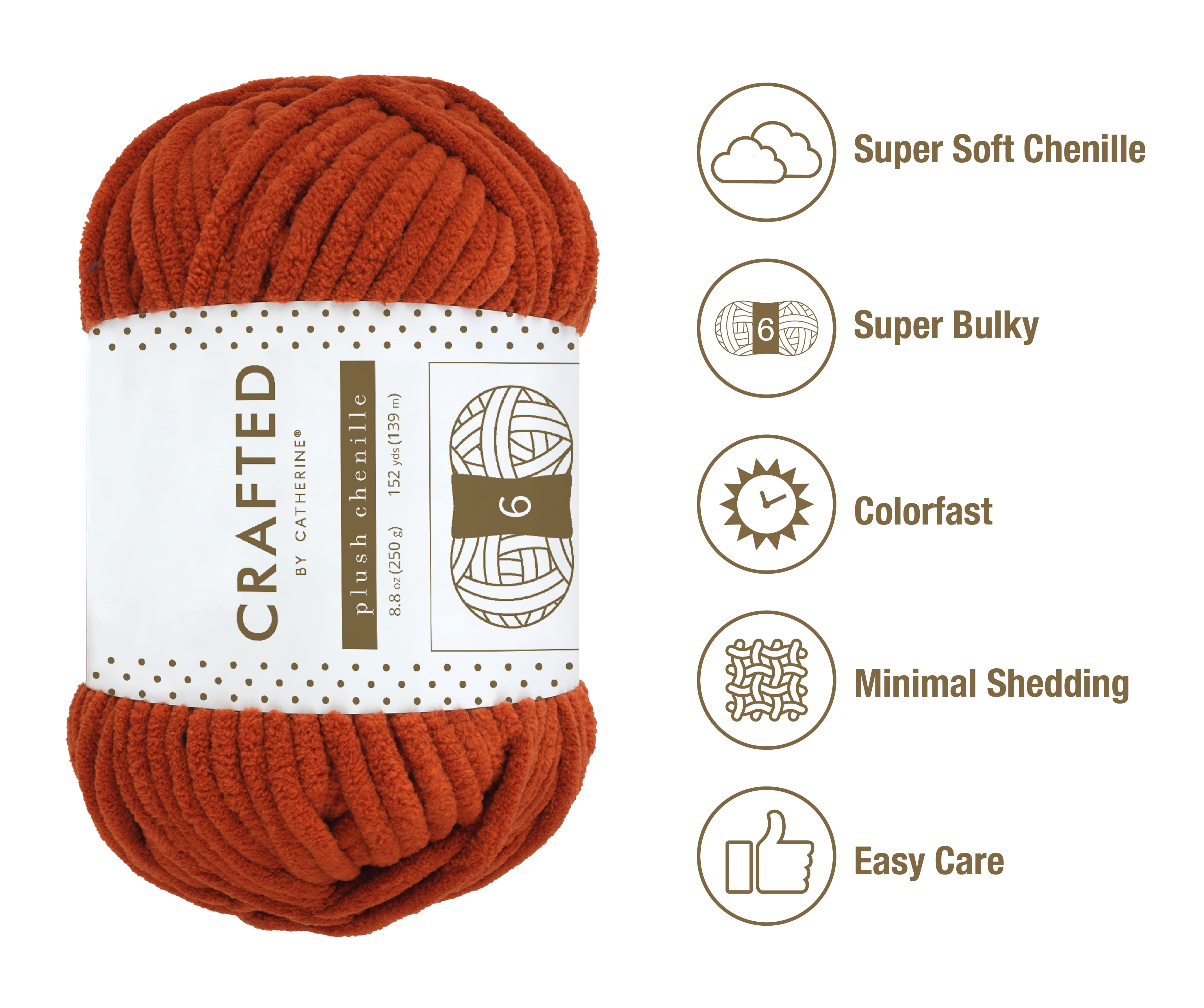 Crafted by Catherine Plush Chenille Yarn for Knitting, Crocheting and Amigurumi - 2 Pack (8.8 oz / 250g, 152 yards each skein), Cinnamon, Gauge 6 Super Bulky