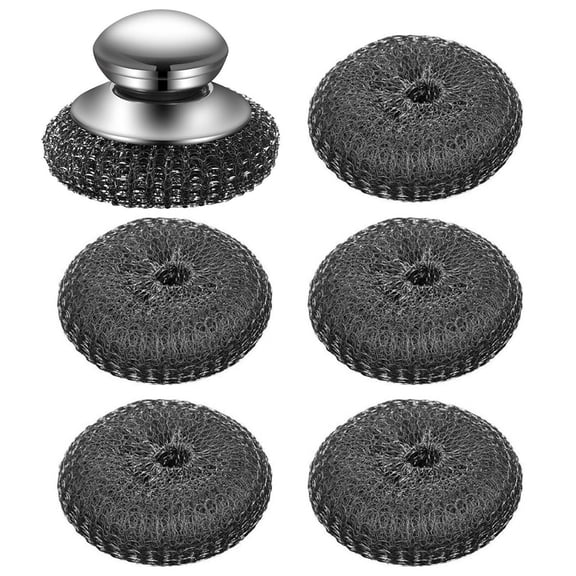 Steel Wool Scrubber Set for Cast Iron,Pots, Pans,Grills, Stove Cleaning with Handle and 5pcs Replacement Pad
