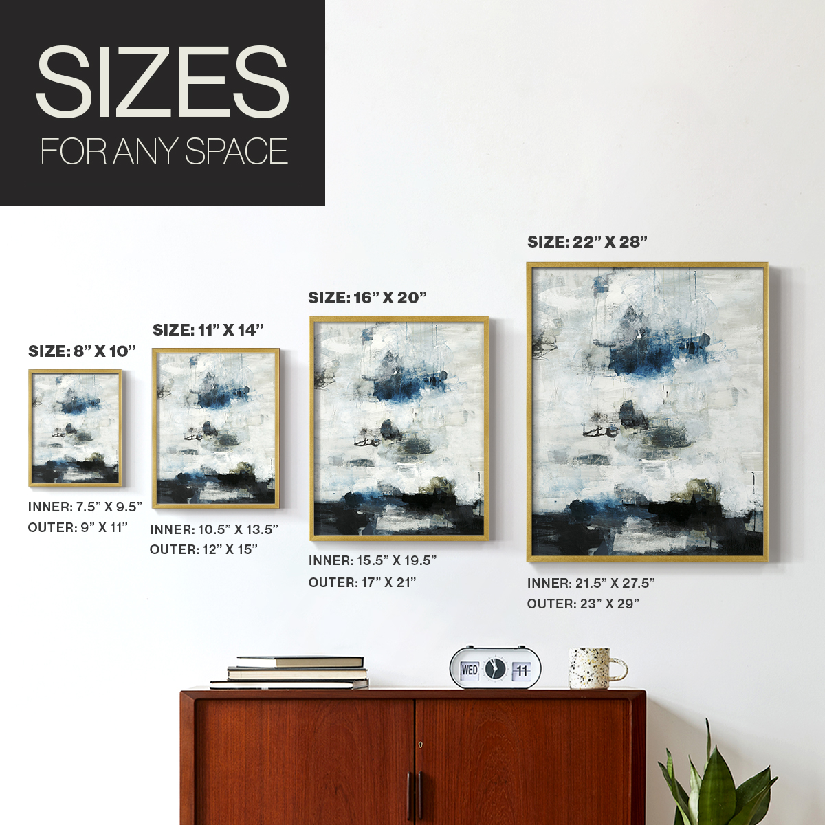 Black & Blue Framed Print in Gold Solid Wood Framed Print No Nail Hanging