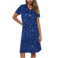 thumbnail image 3 of qucoqpe Womens Summer Shirts Dress V Neck Short Sleeve Ruffle Flowy Midi Dress Casual Loose Shiny Sun Dress Lightweigh Beach Dress, 3 of 7