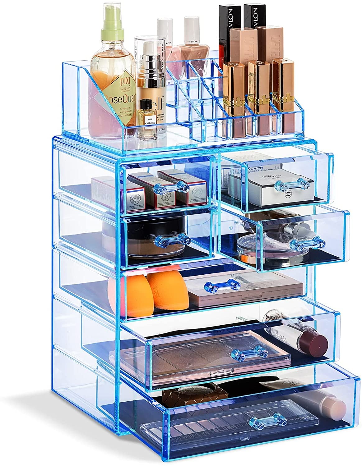 Acrylic Makeup Organizer - Cosmetic and Jewelry Storage Case Display 2-Piece Women's Accessories Set with 7 Drawers and 16 Comportment Slots - Blue - Walmart.com