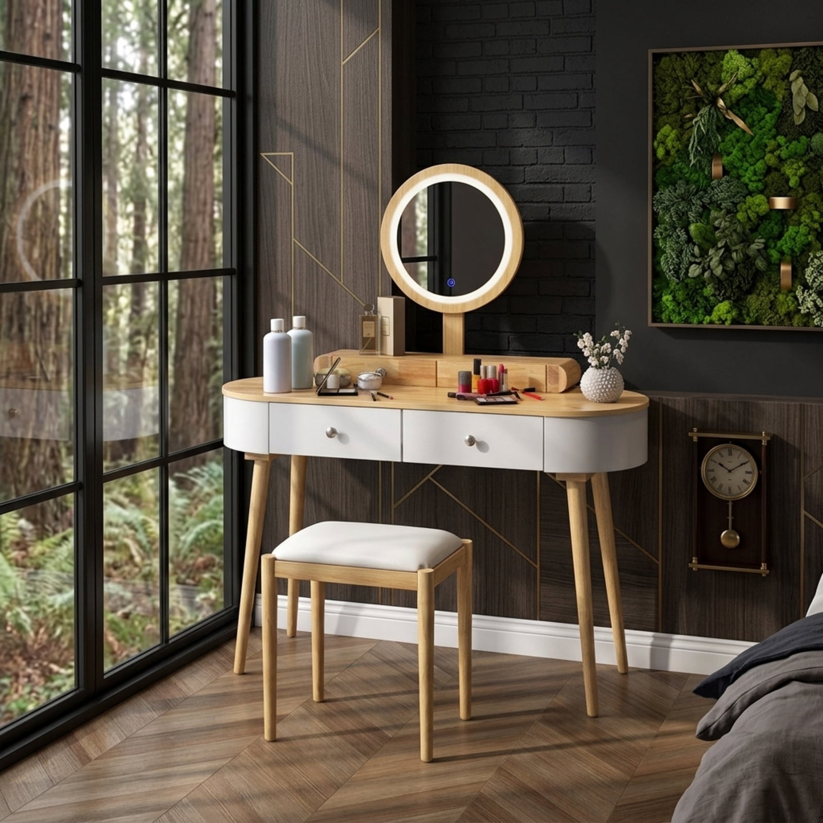 Furnibear Makeup Vanity Table Set with LED Mirror and 3 Spacious Drawers for Bedroom Makeup Dressing Room Vanity Desk Mirror Set, Natural