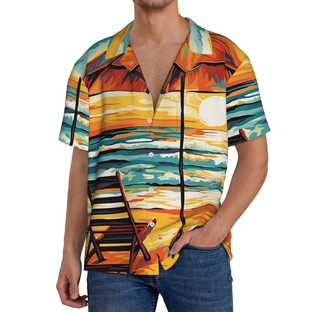 Balery Beach Umbrella Sunset Camisa Casual de Manga Corta con Botones para Hombre, Texturizada, Estilo Cubano, para Playa, Verano-3X-Large