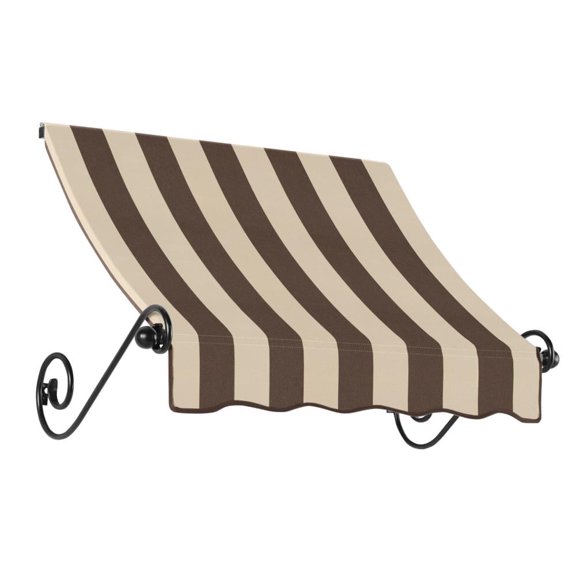 Awntech 3.38 Ft Charleston Sloped Fixed Awning with Scrolled Iron Arms (40.5in x 36in x 24in), Brown/Tan Stripe