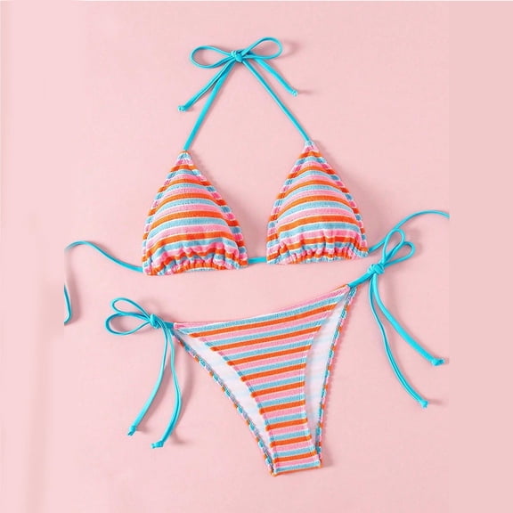Karight Women's Terry Cloth Striped Triangle Bikini Set - Halter Neck & Side Tie Two Piece Swimsuit for Beach