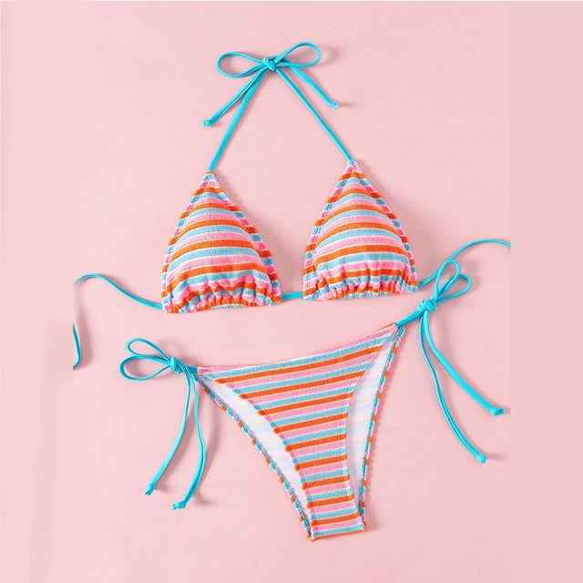 Womens High Cut Bikini Stripe Colored Lace Split Three Point Bikini Swimsuit with Removable Padded Bras for Vacation and Pool