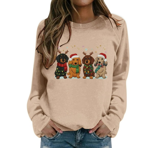 Zhanying Black Cat Christmas Sweatshirt – Funny Graphic Holiday Pullover Crew Neck Shirt for Holiday Christmas Khaki M