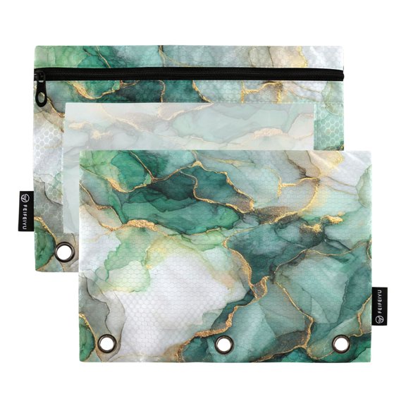 2 Pack 3 Ring Binder Pouch with Clear PVC Window Water Resistant Zipper Pencil Pouch Golden Green Marble Crack Binder Pocket for Classroom Office Home Stationery Organization