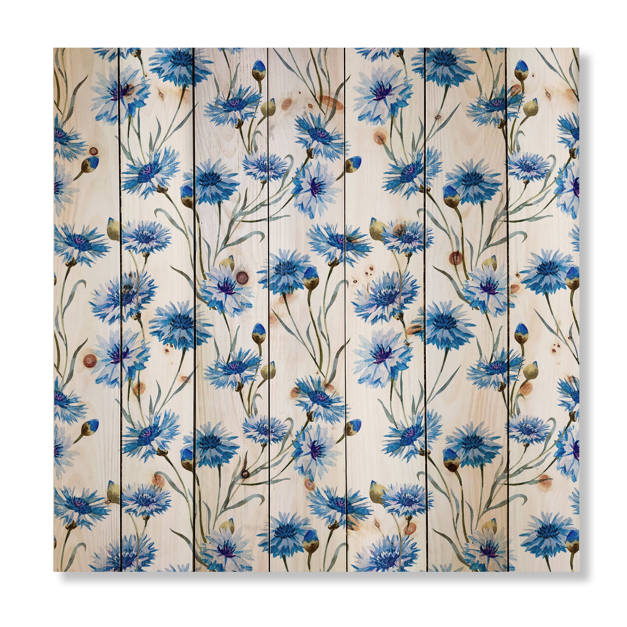 Designart 'Blue Cornflowers With Green Leaves On White II' Traditional Print on Natural Pine Wood