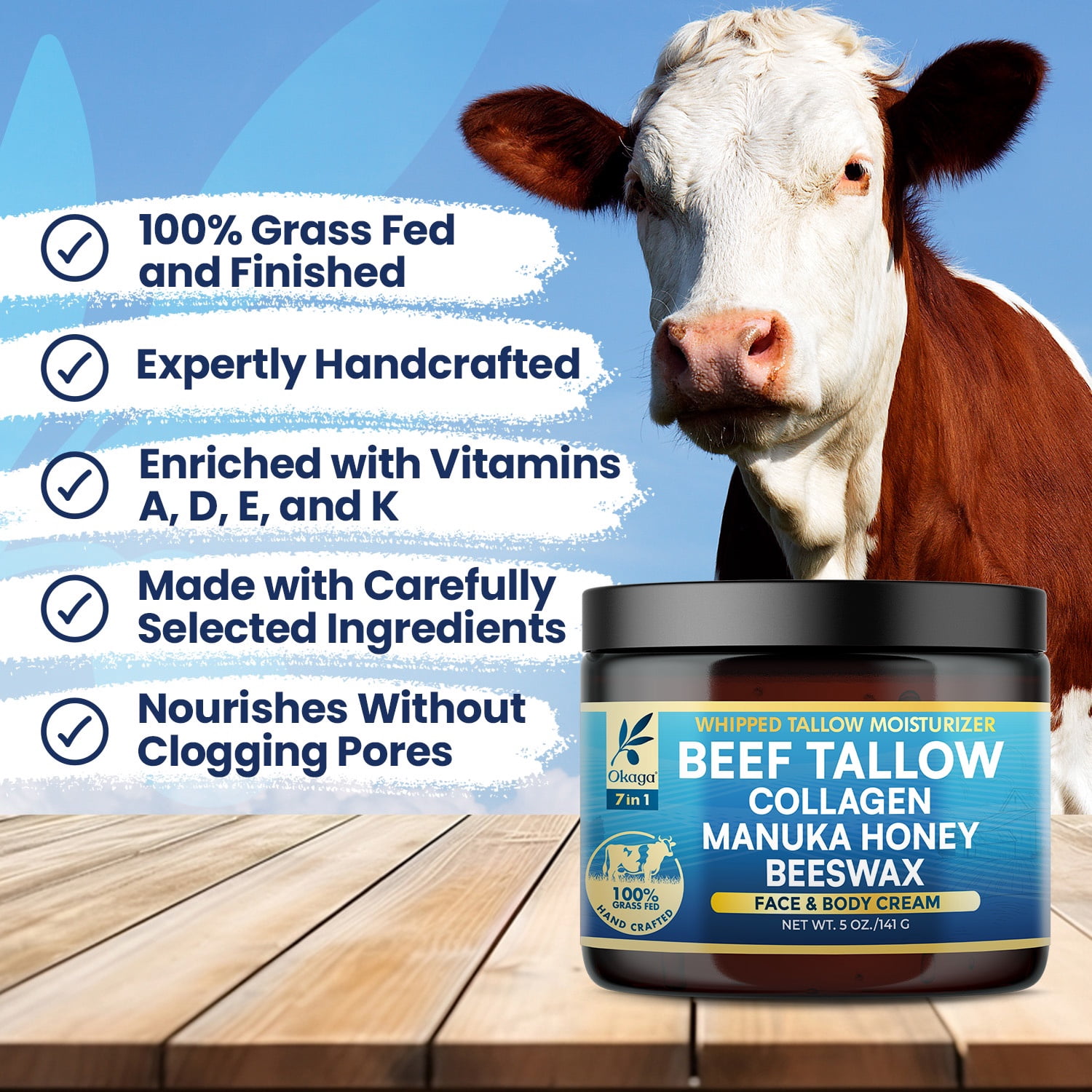 Okaga Beef Tallow for Skin, Organic Grass-Fed Beef Tallow Balm with Manuka Honey, Aloe Vera, Jojoba Oil, Collagen & Beeswax, Olive Oil, Moisturizer for Dry Skin, Nourishes Face, Body & Lips (3 Pack)